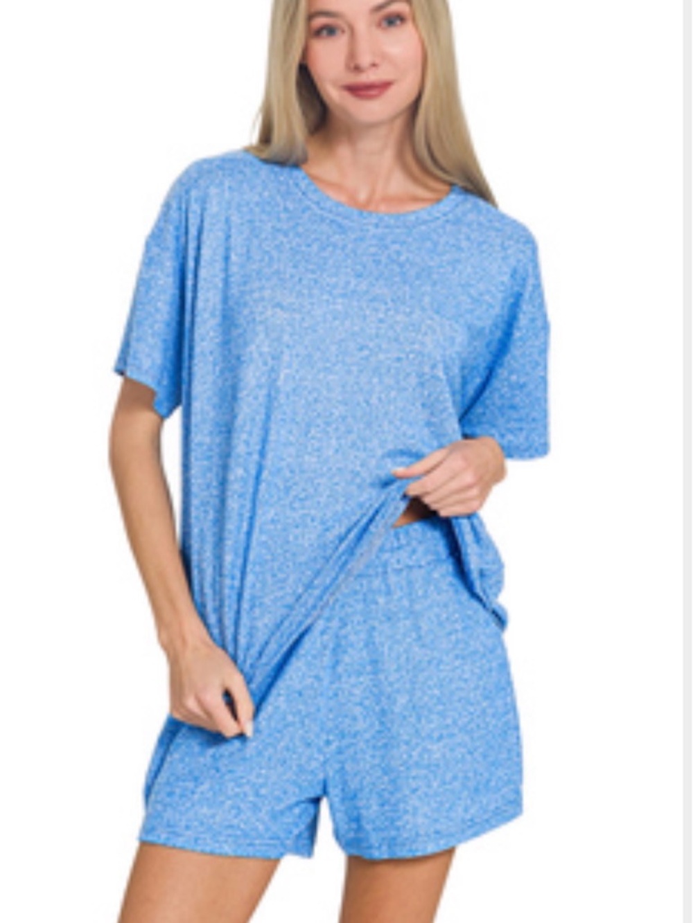 Zenana Outfitters Blue Heathered Lounge Tee & Shorts Set